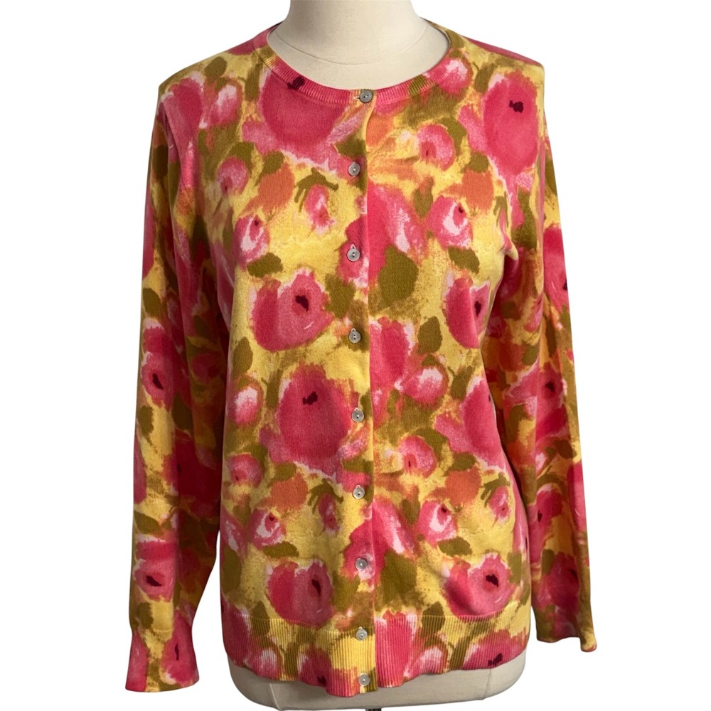 Lands End Floral Pattern Long Sleeve Button Front Knit Cardigan